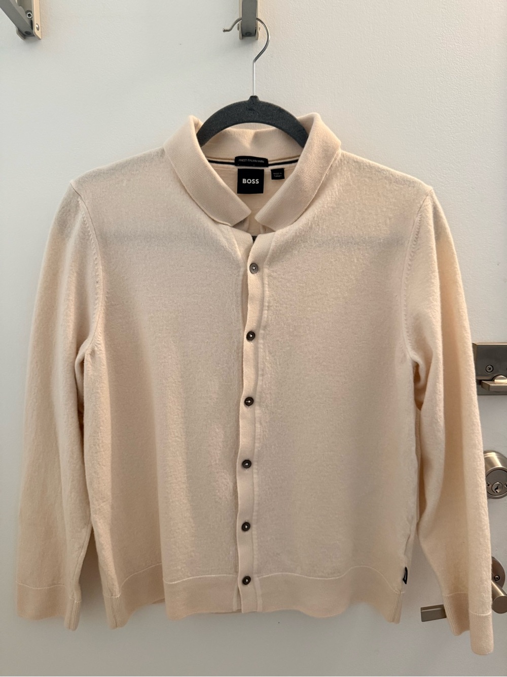 BOSS Cream Button-Front Cardigan with Stand Collar